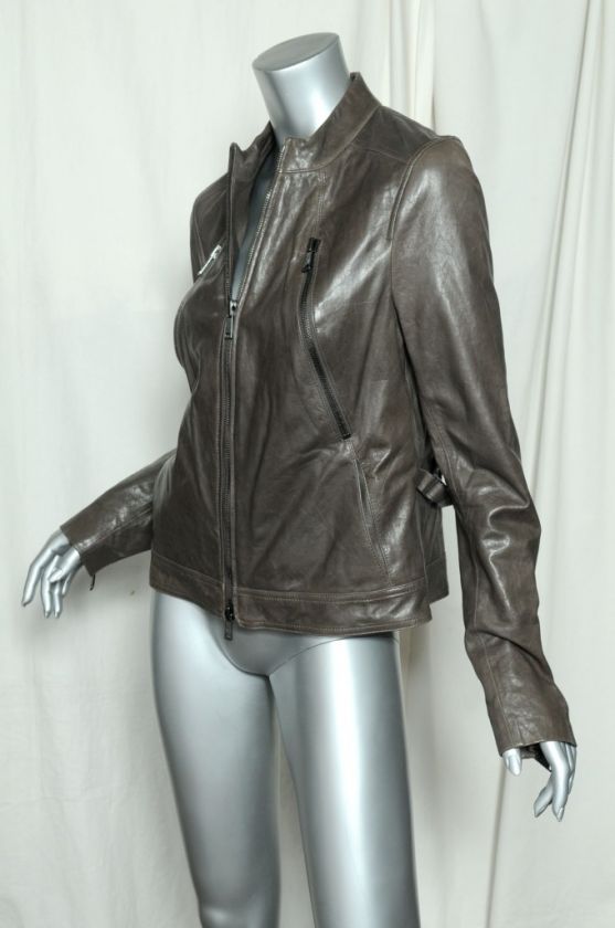 VINCE Grey Collarless Zip Front LAMBSKIN LEATHER Motorcycle Jacket 