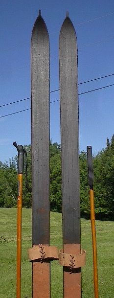 VINTAGE Wooden Skis + Bamboo Poles ANTIQUE  