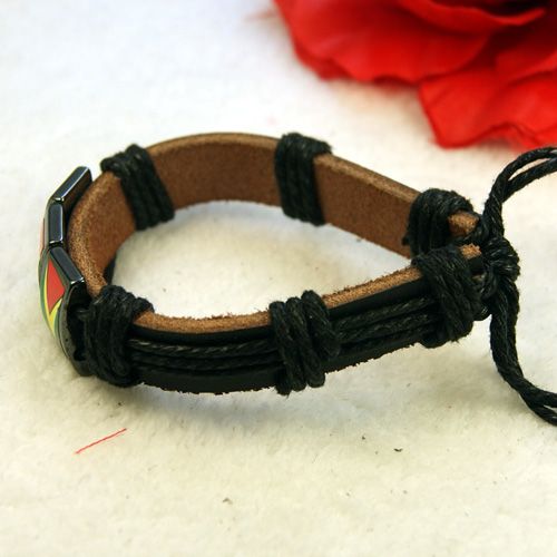 Unique Leather Hemp Alloy Metal Pendant Bracelet Bangle  