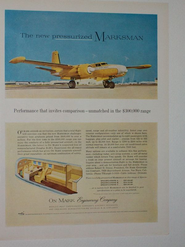 1961 ON MARK MARKSMAN B 26 AIRPLANE AD PRIVATE AIRCRAFT  