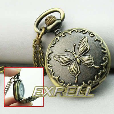 Antique Bronze Butterfly Pendant Pocket Watch Necklace  