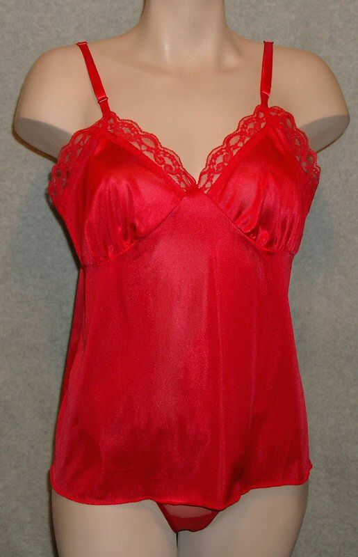   Vtg Deena Valentine Red Slip Top Camisole Nylon Tricot Lace, 36  